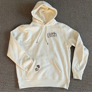 Lilith QNS NYC WRLD Medium Hoodie Beige heavyweight Embroidered Gently Worn